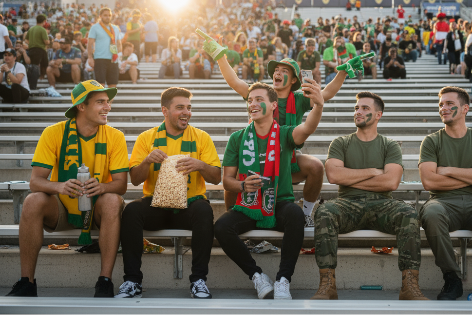 donne-moi-une-image-pricipale-pour-le-site-ou-on-vois-des-supporteur-en-jaune-et-vert-lautre-en-vert-et-rouge-lautre-en-vert-militaire-et-lautre-en-bleu-clair-faisant-une-pause-avec-l DANS LES GRADIN 